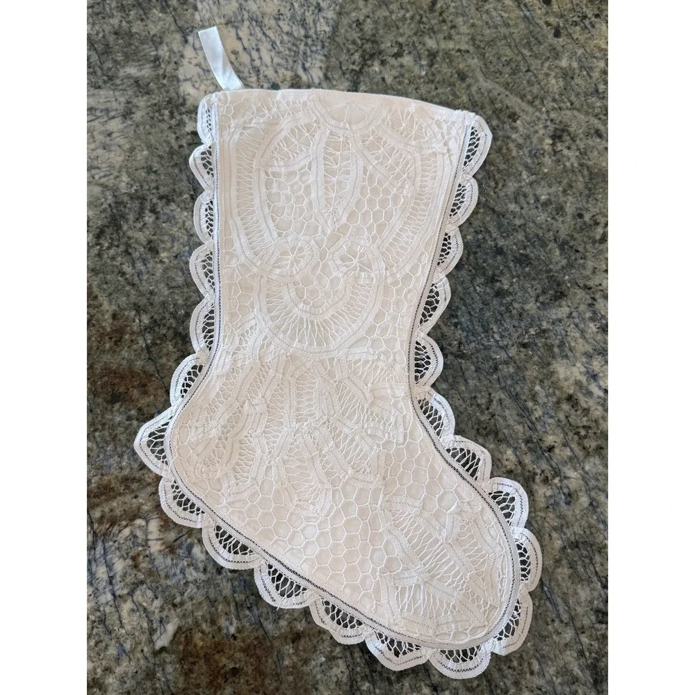 Christmas  Battenberg Lace‎ Stocking White Embroidered Victorian Old World Style